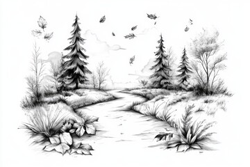 A clean line drawing of an autumn forest path, with geometric trees and scattered leaves rendered in earthy tones