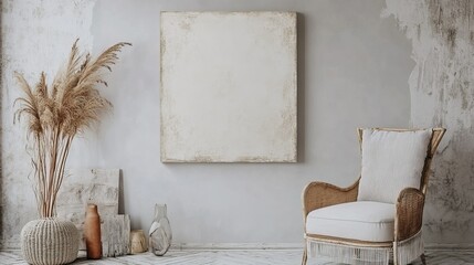 Canvas mockup in minimalist interior background with armchair and rustic decor,