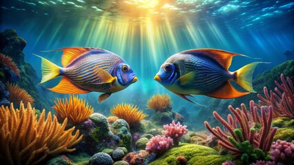 Obraz premium Two vibrant fish encounter amidst a sunlit coral reef, an underwater paradise teeming with colorful marine life and diverse plant species.