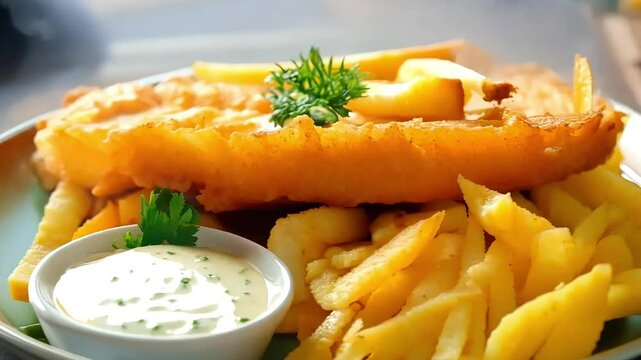 Fish and chips and french fries with lemon and sauce on a wooden table
