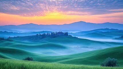 Obraz premium A serene view of rolling hills under a dramatic cloudy sky.