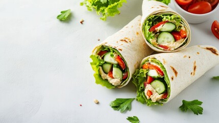 School cafeteria with students eating veggie wraps. Featuring hummus, lettuce, cucumber, and whole grain wraps