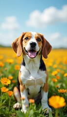 Adorable beagle sitting in a field of flowers with tongue out, animal, flower field