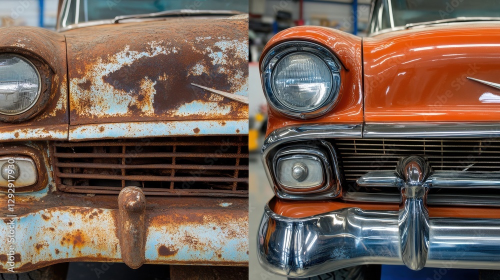 Poster classic car transformation showcases stunning restoration from rust to shine over time. generative a