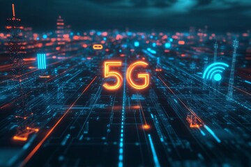 Fototapeta premium High-speed 5G network infrastructure with towers and connected devices, illustrating fast data transfer and enhanced connectivity