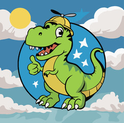 ai174046322719Cartoon dinosaur mascot logo featuring a cheerful green T-Rex giving a thumbs up inside a circular blue frame. Ideal for kids' brands, games, fun merchandise, or educational platfo_8.eps