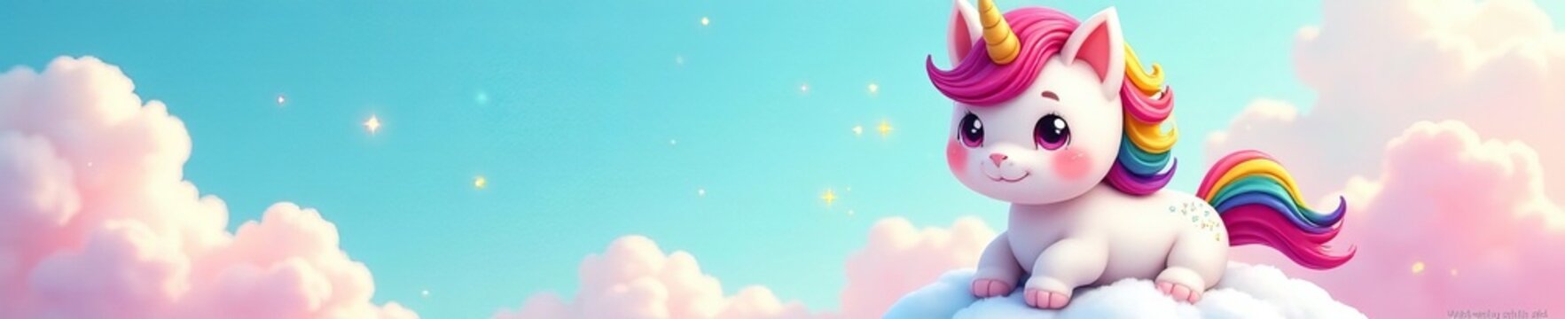 Adorable kittycorn cartoon with rainbow mane and sparkly horn on a cloud background, fantasy, vector