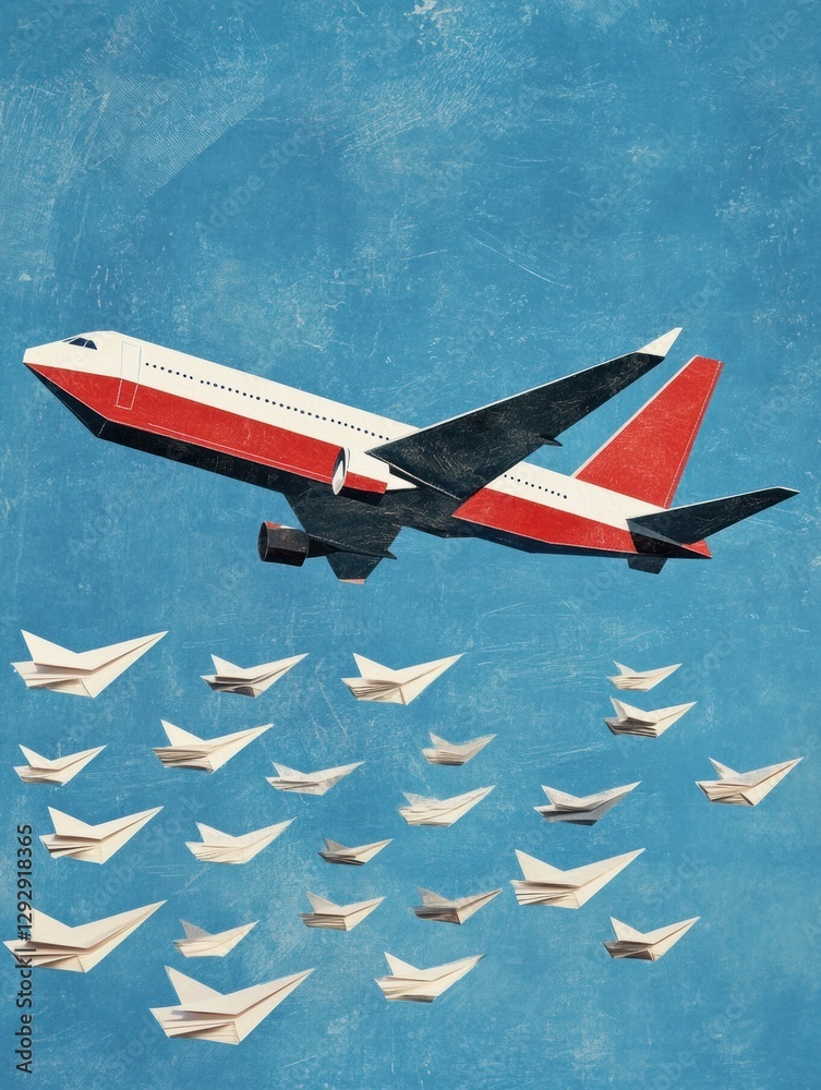 Poster red and white airplane leads a formation of paper planes in clear blue sky symbolizing leadership an