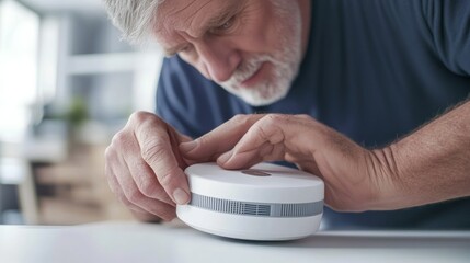 A homeowner checking the expiration date of a carbon monoxide detector. Featuring attention to detail and home safety