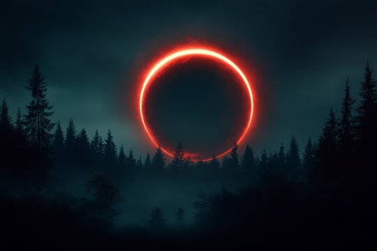 A dark and moody depiction of a solar eclipse above a shadowy forest, with eerie lighting and glowing red highlights in the corona