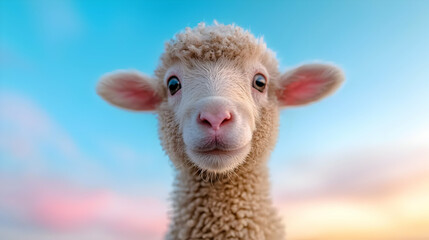 Naklejka premium Cute lamb portrait, sunset sky, farm background, spring