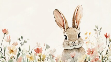 Obraz premium Easter bunnies and springtime themes. Cute watercolor Easter bunny and spring theme Cute rabbit surrounded by colorful flowers.