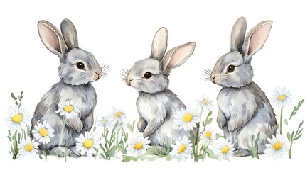 Obraz premium Easter bunnies and springtime themes. Cute watercolor Easter bunny and spring theme Three adorable rabbits amidst wildflowers.