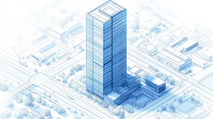 Fototapeta premium A high-angle isometric rendering of a contemporary business district, featuring a sleek, glass-covered skyscraper with sharp, minimalist architecture