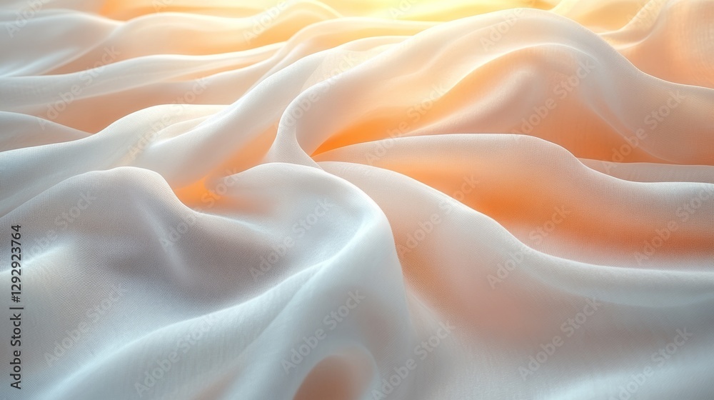 Poster soft, flowing white fabric with warm light illuminating gentle folds and textures. abstract elegance