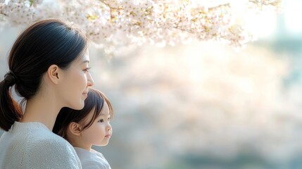 A mother and daughter enjoying a peaceful moment under blooming cherry blossoms.