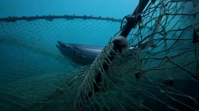 Underwater view of fish trapped in a fishing net in the deep ocean.
