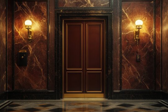Square image of an elevator in a vintage art deco structure featuring marble walls gold sconces and ornate doors