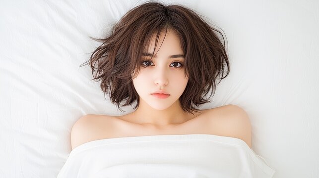 A serene portrait of a woman relaxing in bed, embodying a peaceful lifestyle.