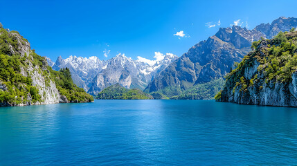 Obraz premium Serene mountain lake, clear blue water, majestic peaks, sunny day, travel scenery