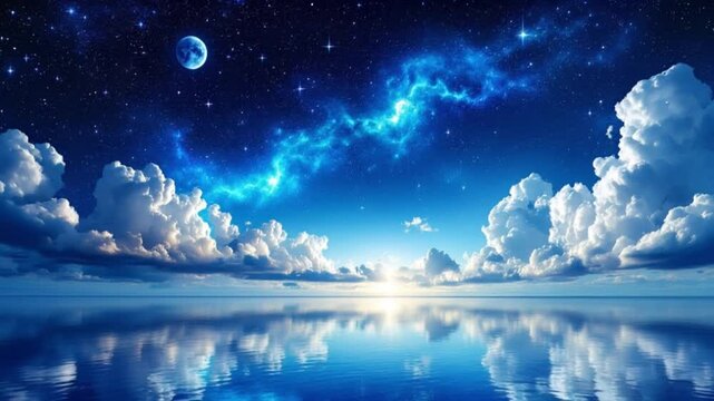 Moon in night sky with clouds and stars. Vector realistic illustration of full moon and crescent on dark midnight sky. Starry outer space with bright glowing planet and fog