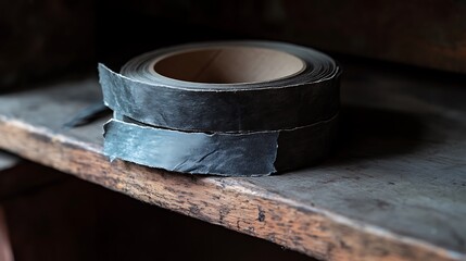 Roll of Tape on Rustic Wooden Shelf in Natural Lighting