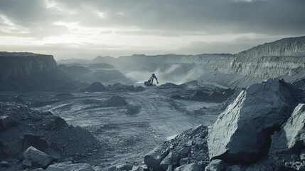 Excavator mining quarry dusk landscape industry