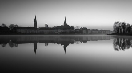 Naklejka premium Serene city skyline reflected in a calm lake at dawn.