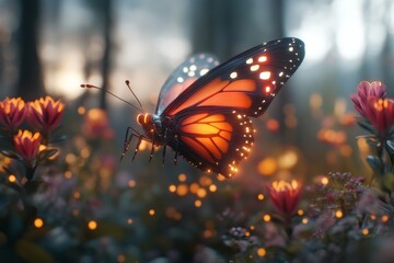 Obraz premium A futuristic butterfly with metallic wings and glowing neon patterns, hovering above a futuristic garden filled with holographic flowers