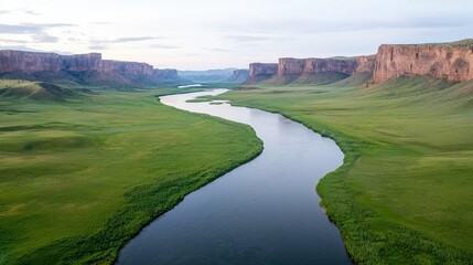 Naklejka premium Scenic river meandering through green valley, canyon backdrop, aerial view, nature travel