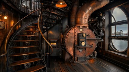 Industrial interior with copper boiler, spiral staircase, and harbor view.