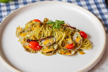 Delicious seafood pasta restaurant food photography indoor dining close-up culinary delight