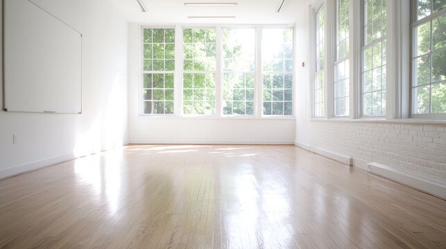 Empty Classroom with Sunlight Streaming Through Windows