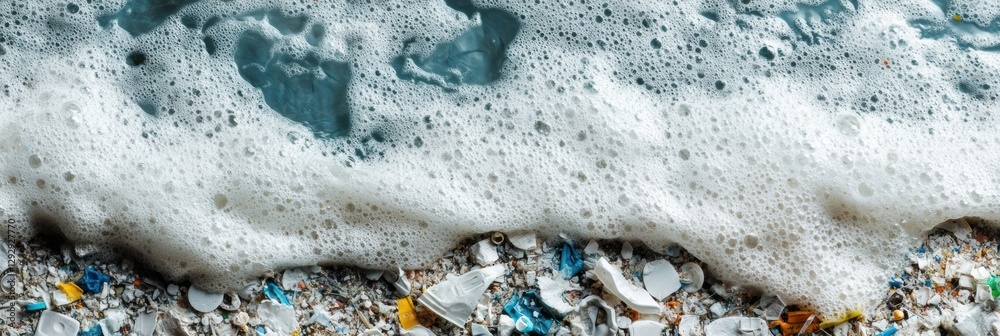 Poster close up view of plastic fragments in ocean waves showcasing marine pollution and its impact on the 