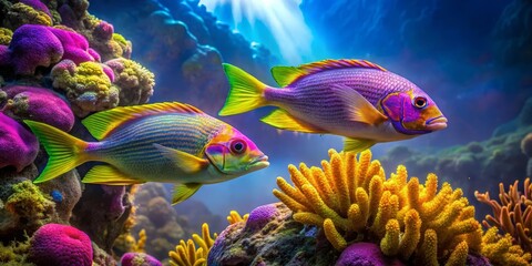 Obraz premium Vibrant Reef Inhabitants Two Exquisitely Colored Fish Gracefully Swim Amidst a Lush Coral Garden