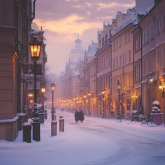 Fototapeta premium A city street in Warsaw, Poland, blanketed in snow with historic buildings and streetlights glowing in the winter dusk.