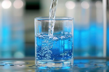 Testing water TDS using an electronic pH meter filtering pure water into a glass with a softener for drinking suitability evaluation © LimeSky