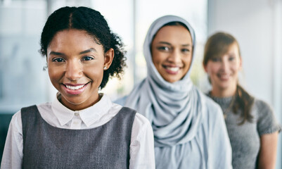 Portrait, business people and women in office, smile and startup for fashion designers. Happy, group and female empowerment with creativity, cooperation and company growth with skills development