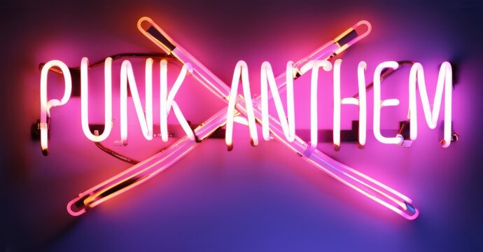 Neon sign punk anthem lyric sheet crossed drumsticks anarchist energy bright colorful realistic photo
