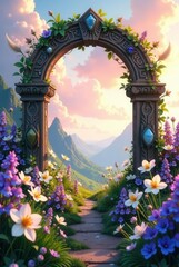 Fototapeta premium A Mystical Stone Archway Adorned with Gems and Blooming Flowers Leads to a Serene Mountain Vista