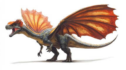 A colorful, winged dinosaur-like creature with a fierce expression.