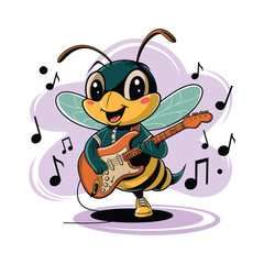 A fun and energetic cartoon-style bee playing an electric guitar.