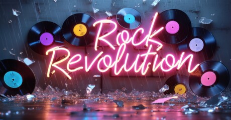 Neon sign rock revolution vinyl records shattering floating storm bright colorful realistic photo