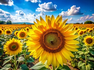 Fototapeta premium Aerial View of Vibrant Sunflower Field in Full Bloom on a Sunny Day with Honey Bee Pollinating