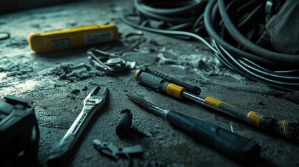 Fototapeta premium Tools scattered on workshop floor, cables background, repair work