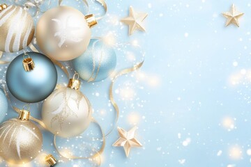Fototapeta premium Festive Ornaments & Stars: An elegant assortment of holiday ornaments and star-shaped decorations create a joyful, festive atmosphere against a cool backdrop of snow.