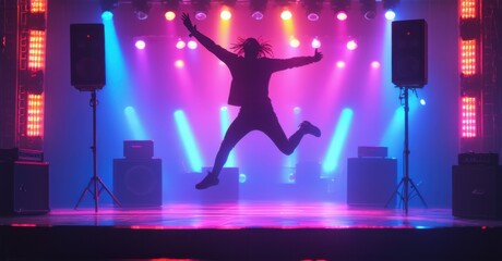 Neon sign stage dive silhouette leaping glowing speakers bright colorful realistic photo