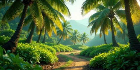 Obraz premium Serene Path Through Lush Tropical Paradise with Vibrant Green Foliage and Towering Palm Trees Under a Soft Sunlight