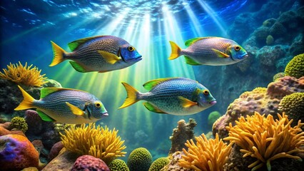 Fototapeta premium Vibrant Reef Scene Featuring Four Colorful Fish Swimming Amongst Lush Coral and Sunlit Waters