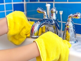 Cleaning bathroom faucet with soapy gloves